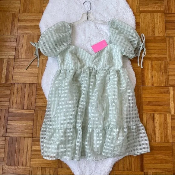 AMANDA UPRICHARD Mint Gingham Puff Sleeve Mini Dress - Size Large - Picture 6 of 9